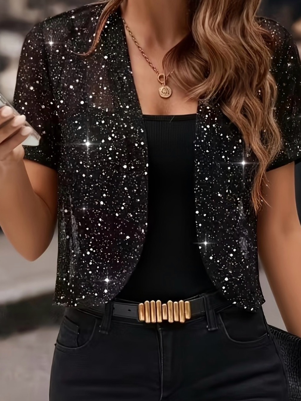 QIXING Black Sequin Short Sleeve Fashion Jacket new